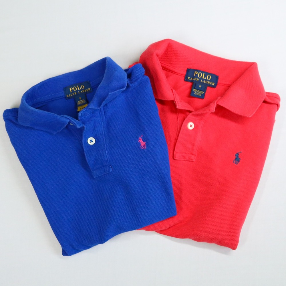 Lot of 2 Polo Ralph Lauren Polo Shirt Kids Size 6 Blue Fuschia Cotton SS Bundle